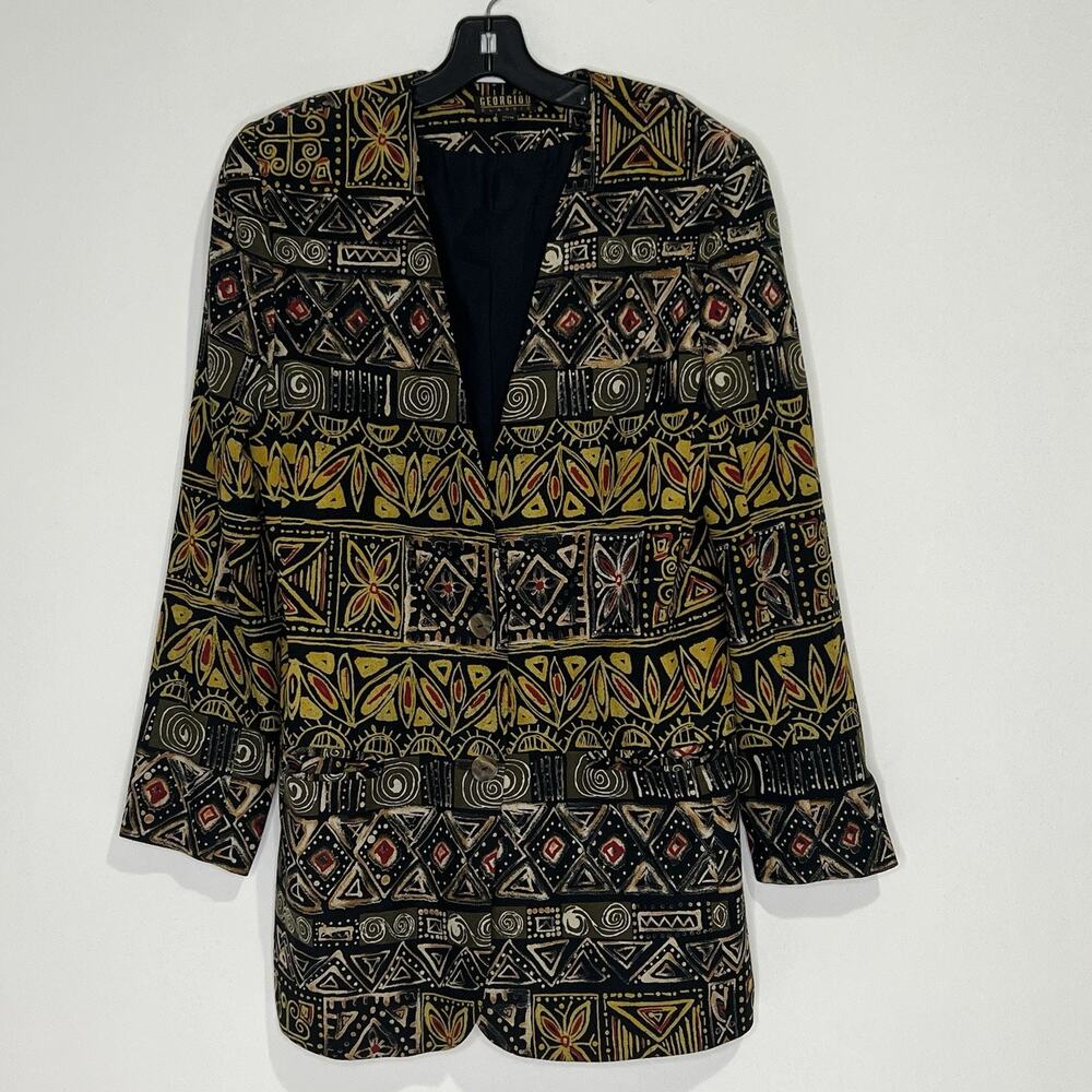 Vintage Georgiou Classic Size 10M Black & Gold 100% Silk Blazer Artsy 90’s
